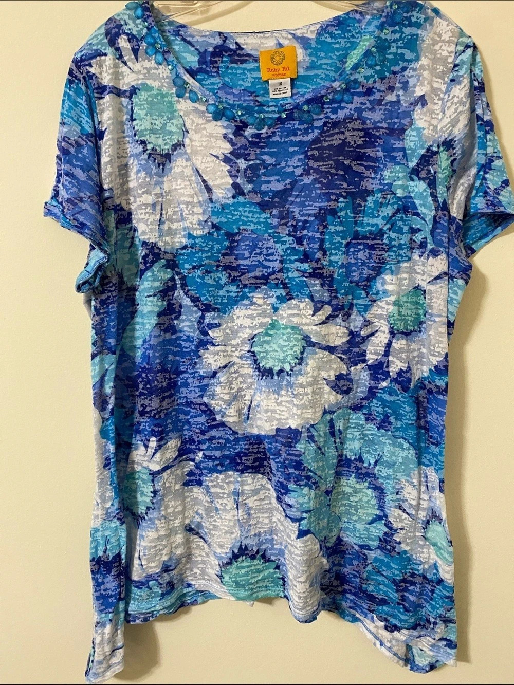 Ruby Rd. Abstract Short Sleeve Top in Blue & White Size 1X NWT